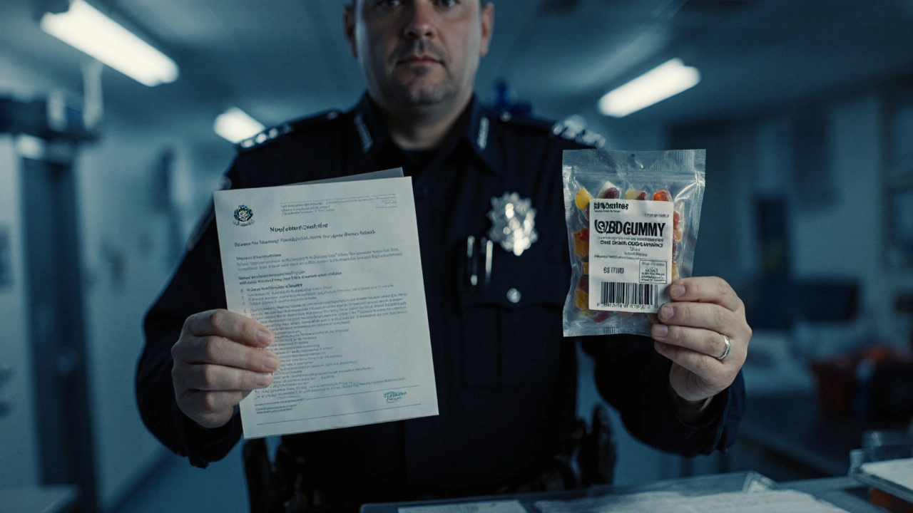 Polizist hält einen nachgewiesen sicheren CBD-Gummipack und einen negativen Drogentest.
