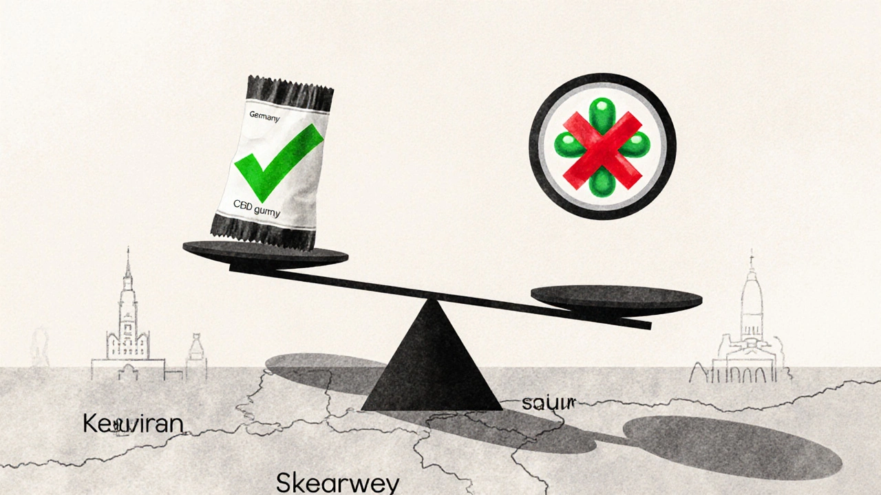 Waage zeigt sicheres CBD-Gummiprodukt gegen THC-Molekül, über deutscher Landkarte.