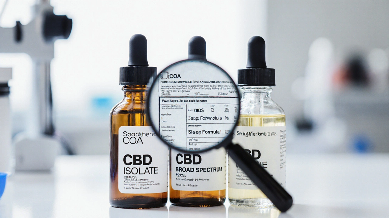 Drei CBD-Öl-Flaschen auf Labortisch mit Zertifikat und CBN-Etikett, wissenschaftlich dargestellt.