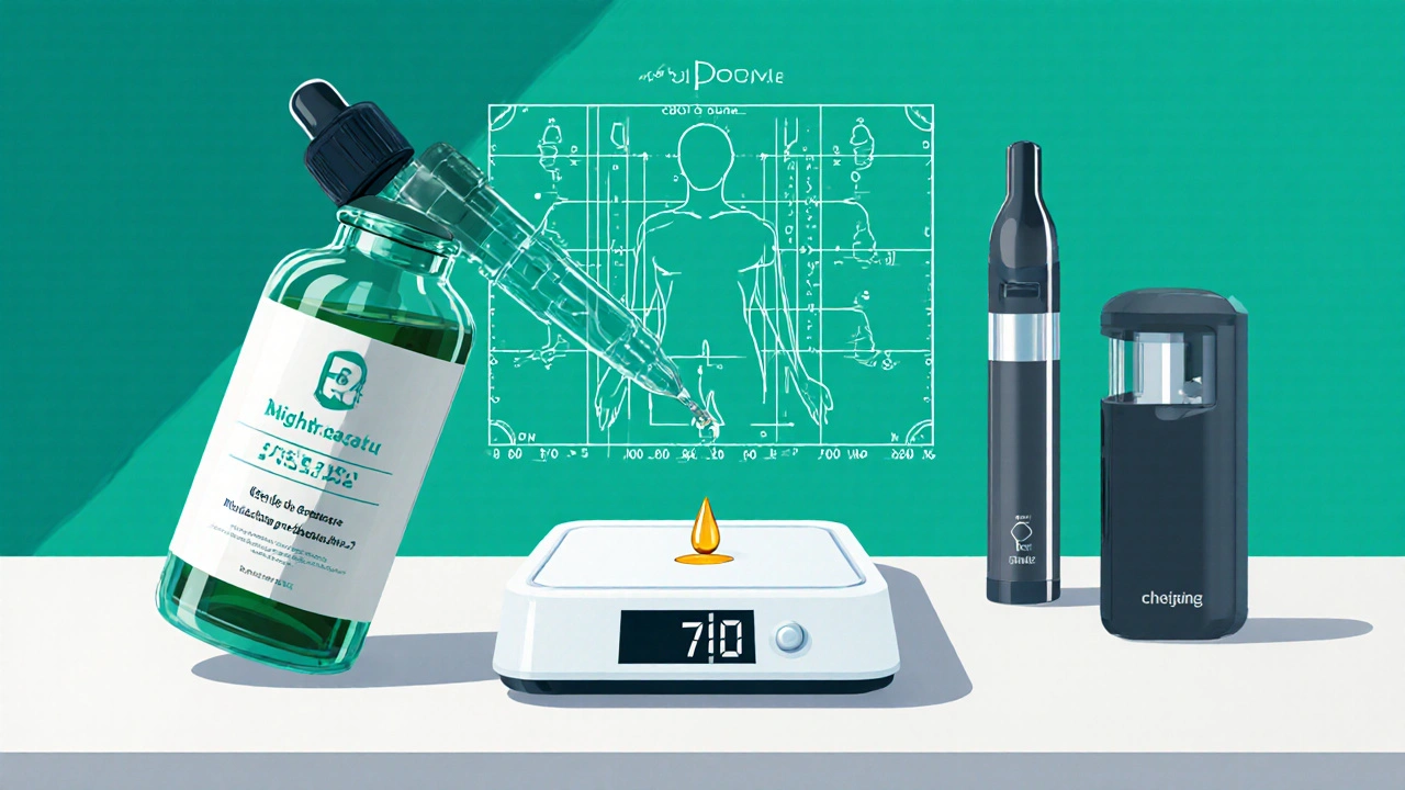 Dropper‑Flasche, digitale Waage und Produkt‑Icons zeigen die Berechnung der Tagesdosis.