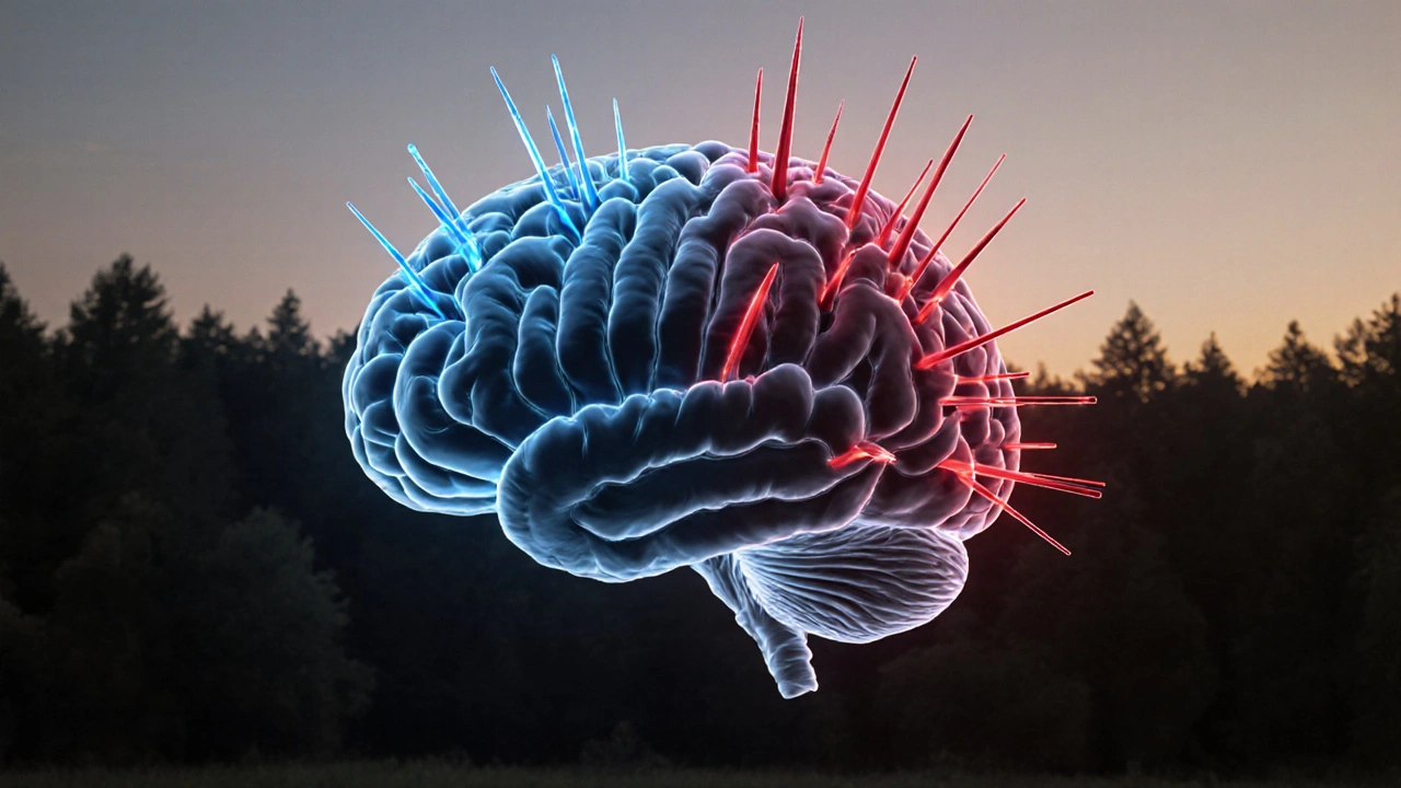Ein menschliches Gehirn, dessen Hemisphären unterschiedlich von HHC/THC und Nikotin beeinflusst werden, in sanftem Licht.