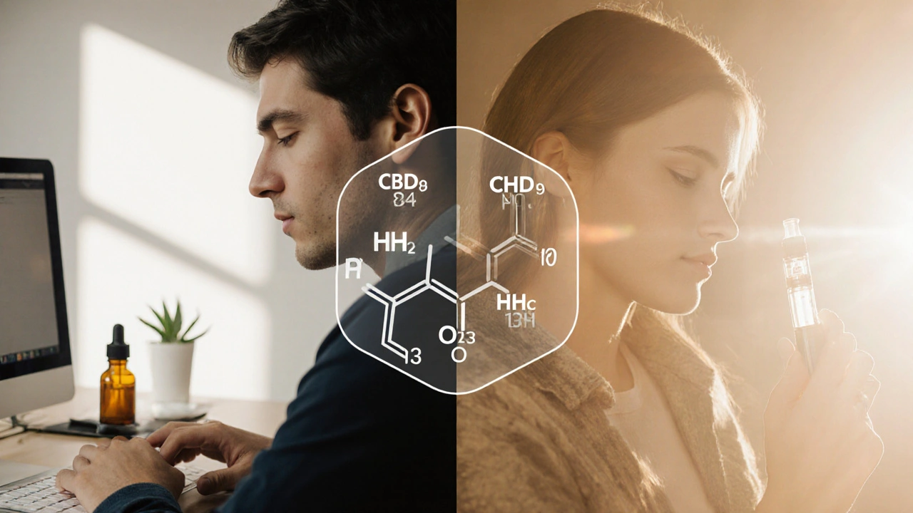 Eine Person arbeitet ruhig mit CBD, daneben dieselbe Person mit HHC in einem leicht veränderten Zustand.