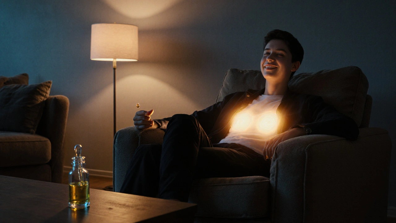 Entspannte Person im Wohnzimmer mit leicht leuchtender Aura, neben einer HHC‑Dropper‑Flasche auf dem Couchtisch.
