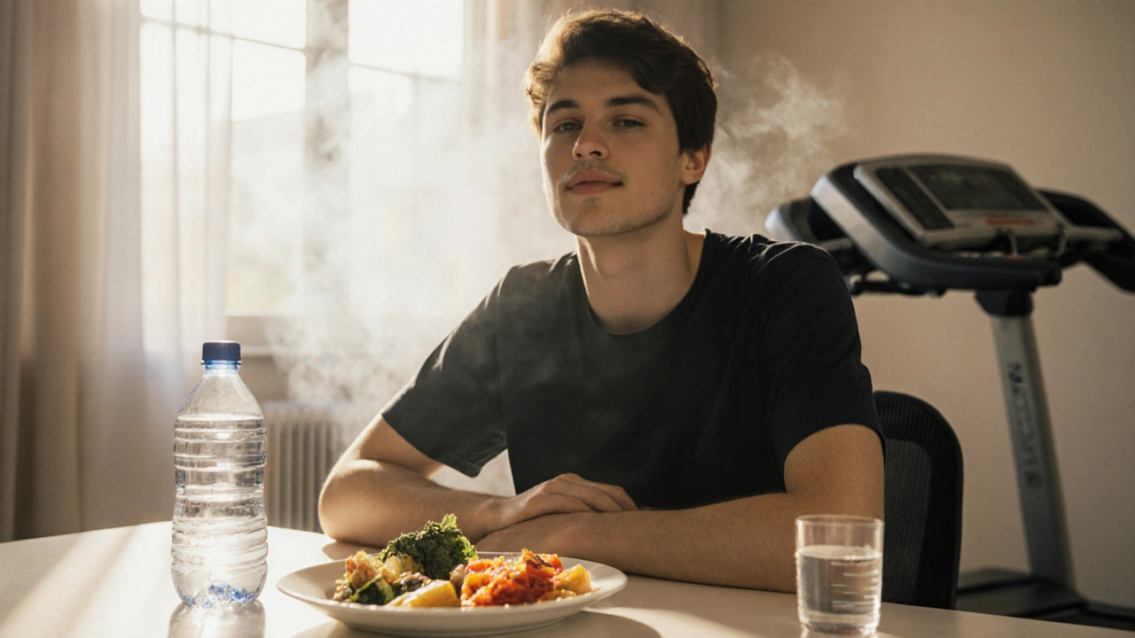 Entspannte Person nach dem 24‑Stunden‑Plan, umgeben von Wasser, gesunder Ernährung und negativem Test.