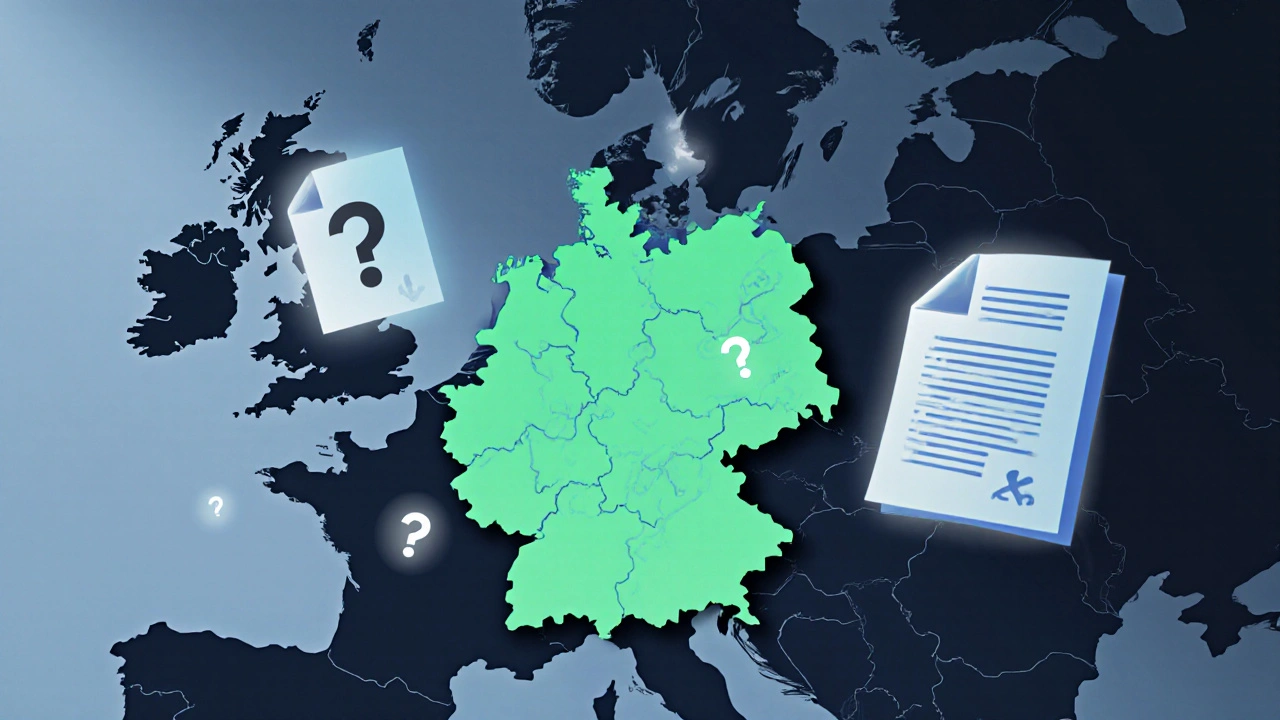 Europa‑Karte mit unterschwelligen rechtlichen Unsicherheiten, THCP‑ und THCO‑Moleküle schweben darüber.