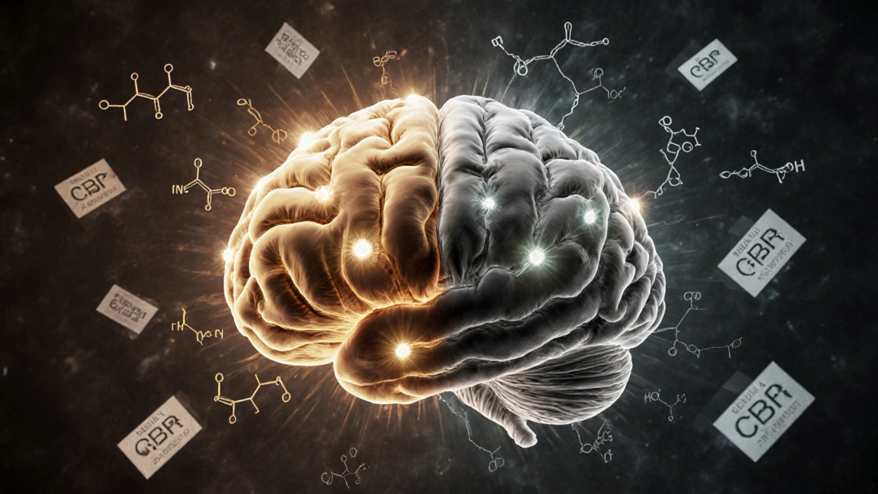 Gehirn mit abnehmenden Rezeptoren durch Delta-8-THC, gesunde und geschädigte Bereiche im Vergleich.