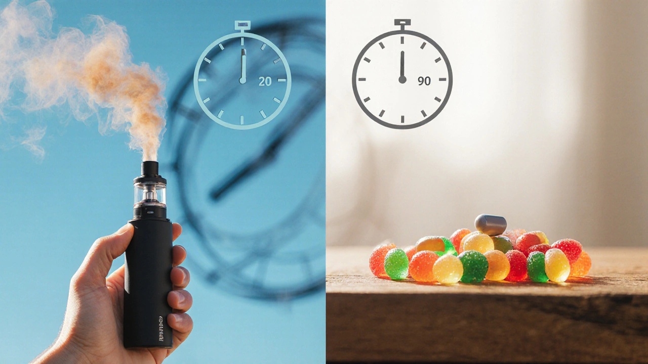 Geteiltes Bild: Person inhaliert Vaporizer, andere Person isst HHC‑Gummis, Symbol für unterschiedliche Wirkungsdauer.