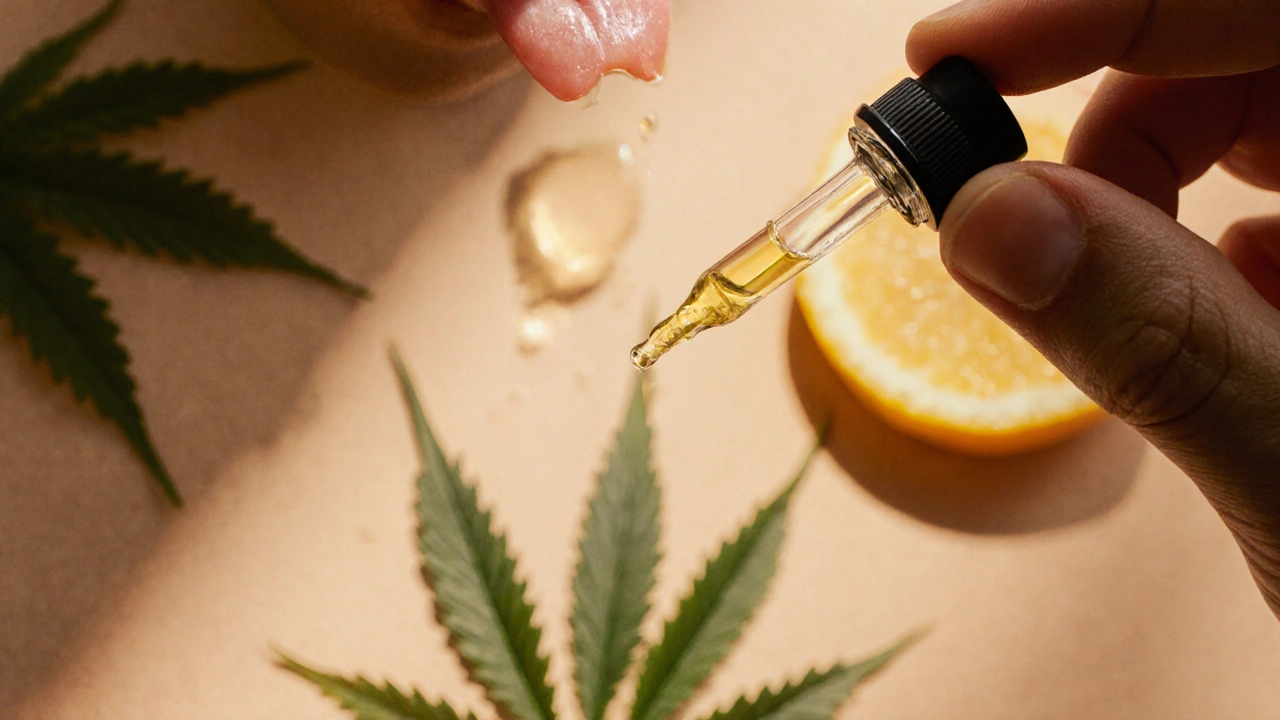 Hand hält CBD‑Öl‑Dropper, Tropfen fällt auf Zunge, Hintergrund mit unscharfen Hanfblättern.