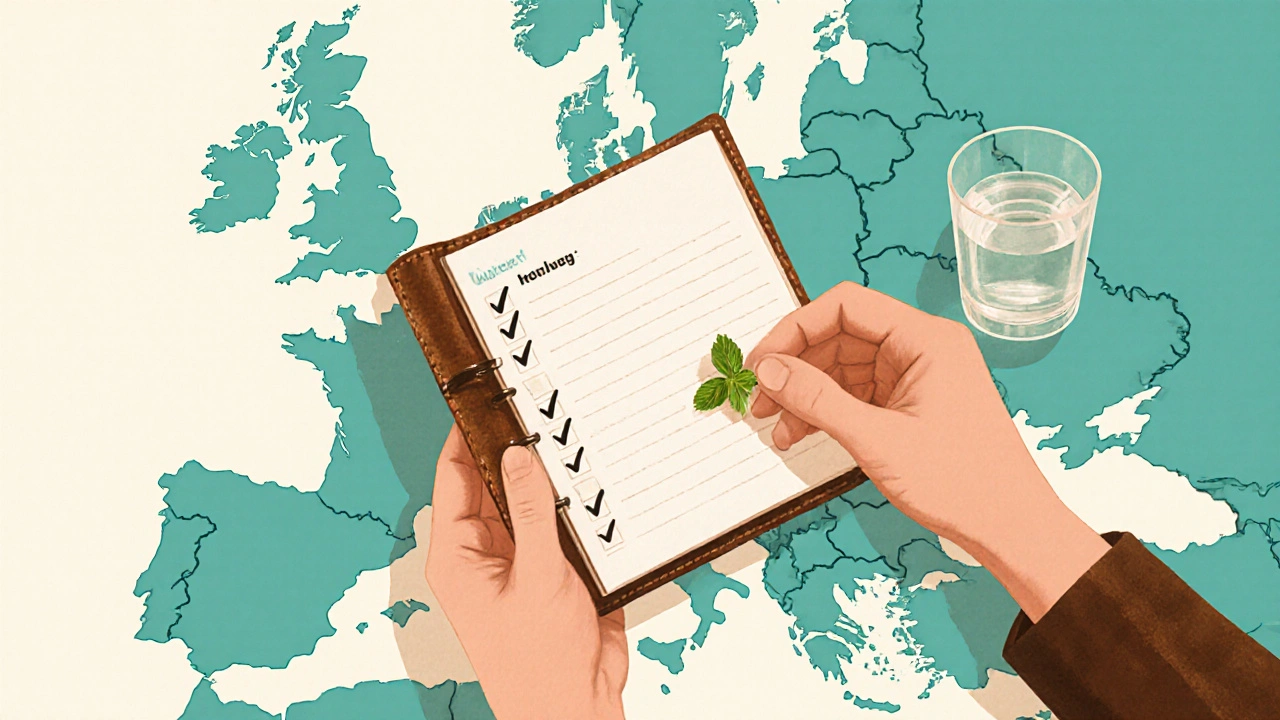 Hand hält Dosierungstagebuch, Glas Wasser und EU‑Karte im Hintergrund, entspannte Stimmung.