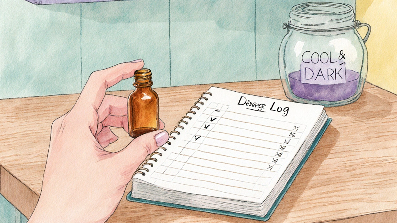 Hand hält HHC‑Fläschchen, daneben ein Dosierungs‑Notizbuch und ein Glas zur kühlen Aufbewahrung.