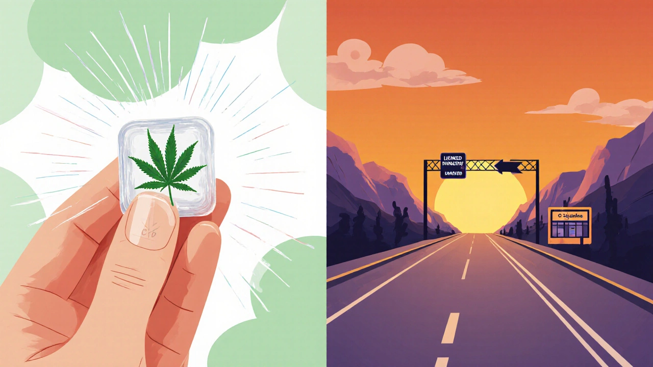 Hand hält legales CBD‑Gummi, daneben ein Highway‑Schild zeigt Richtung Colorado mit dispensary‑Silhouette.