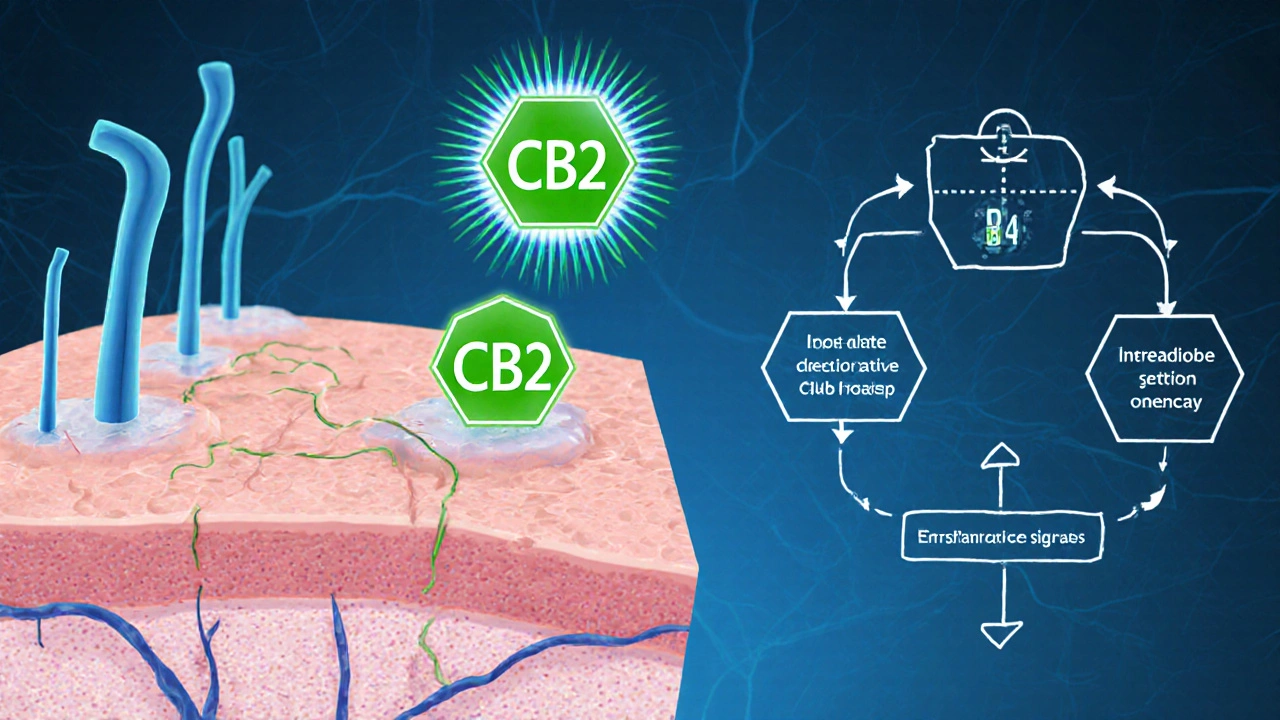Illustration von CB1/CB2‑Rezeptoren, die von CBD‑Molekülen umgeben sind.