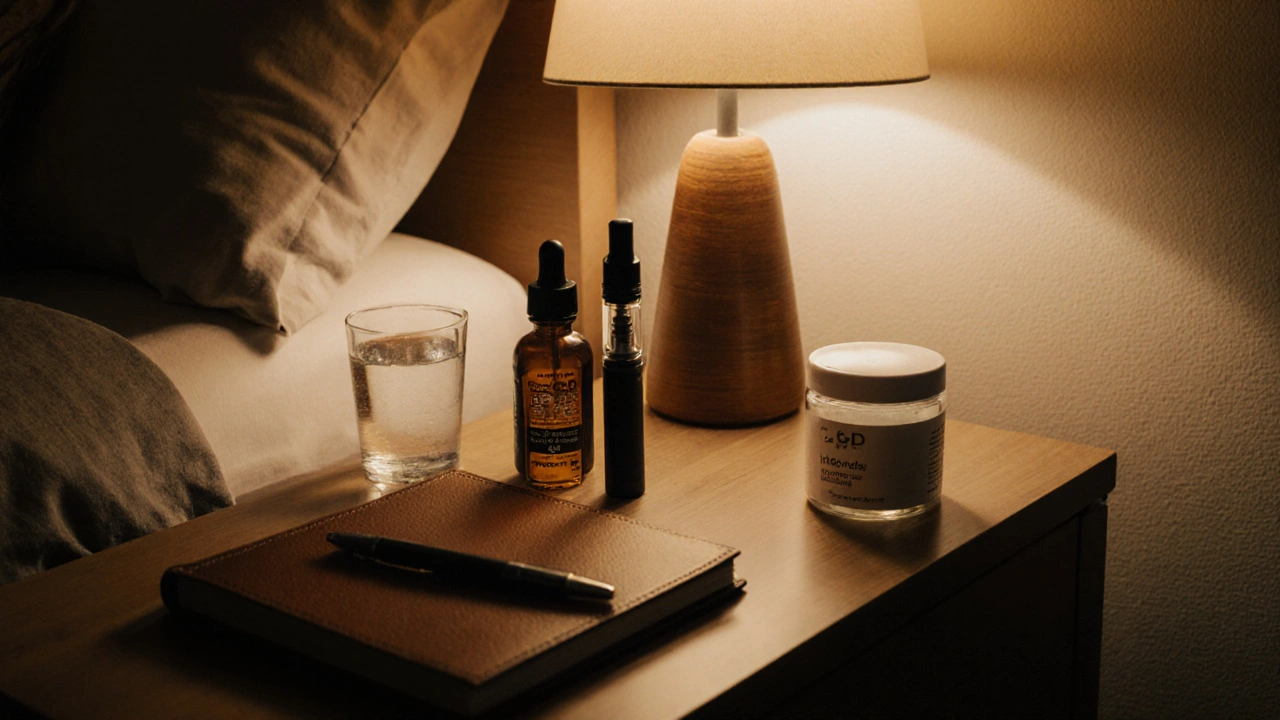 Nachttisch mit drei CBD‑Produkten, Tagebuch und Lampe bei Dämmerlicht.