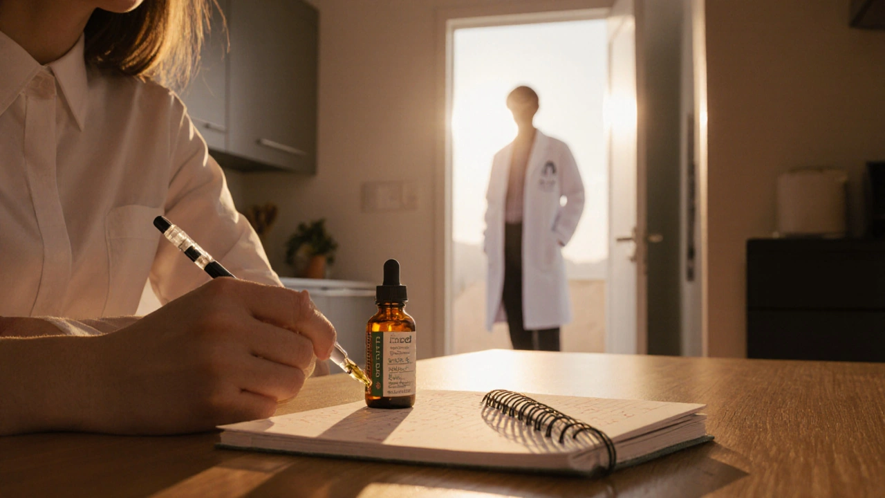 Person am Küchentisch mit Notizbuch, CBD‑Öl und Arzt‑Silhouette im Hintergrund.