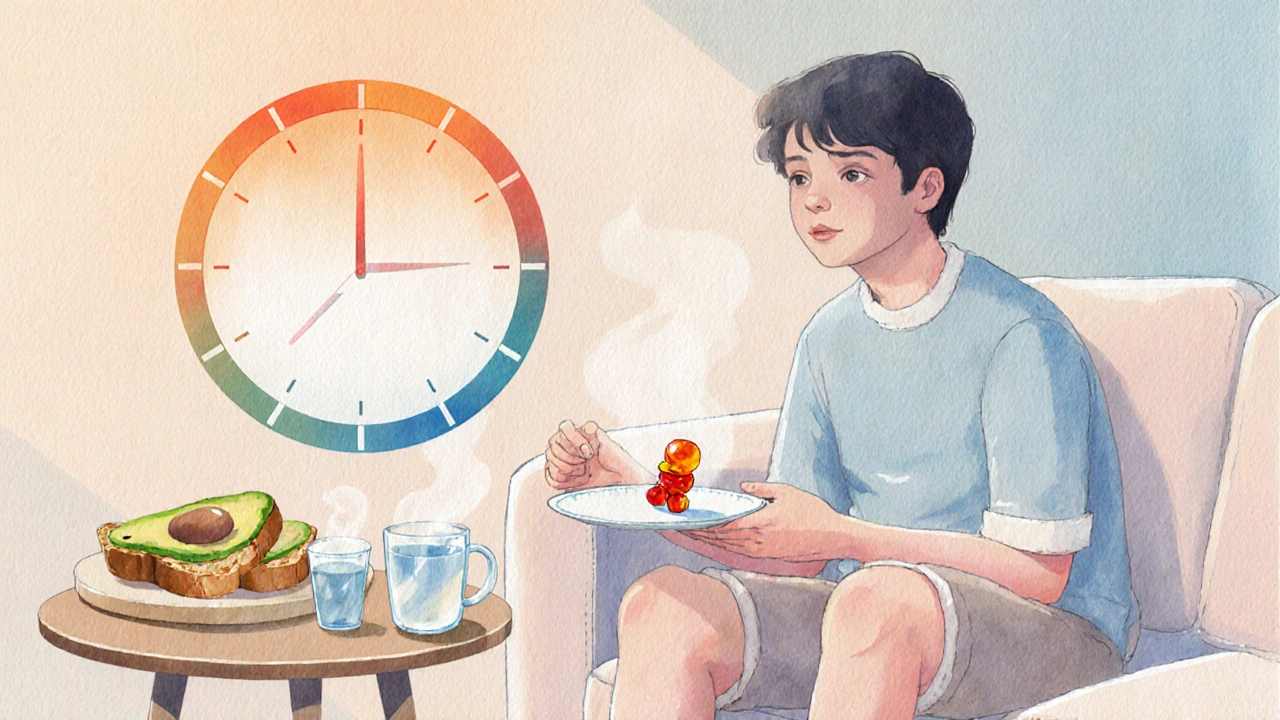 Person auf Sofa hält ein Gummy‑Edible, neben Avocado‑Toast, Wasser und Tee, Zeitverlauf angedeutet.