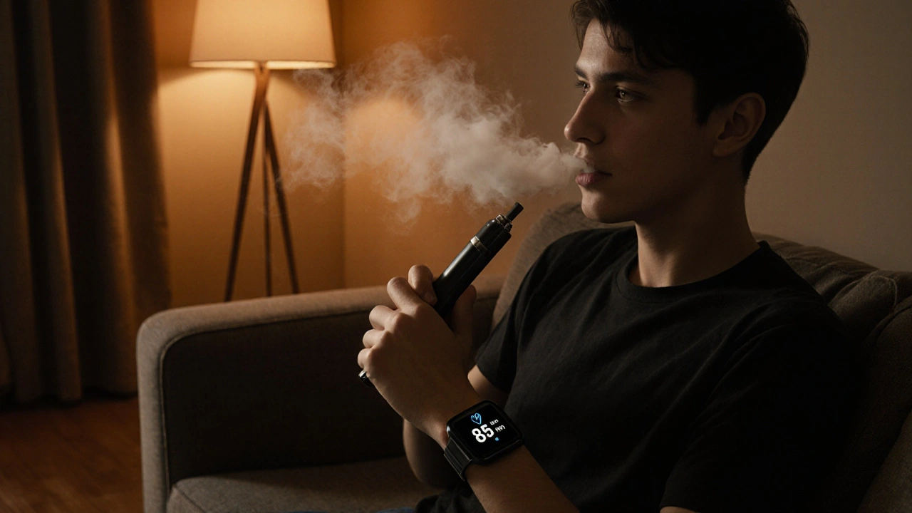 Person vaped HHC, exhaliert Dampf und beobachtet leicht steigende Herzfrequenz am Handgelenk.