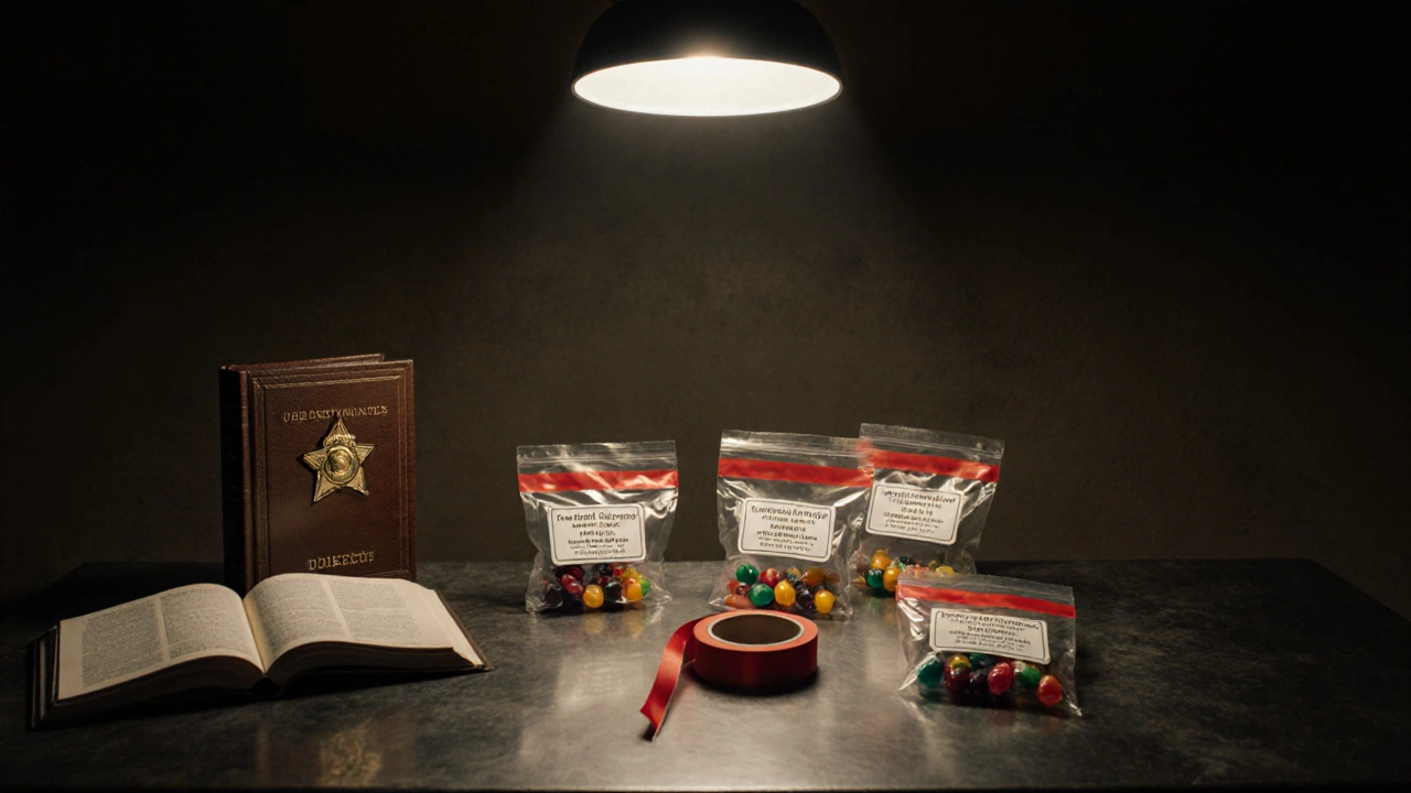 Polizeievidenzraum in Tennessee mit versiegelten Beuteln voller THC‑Gummis und Gesetzbuch.