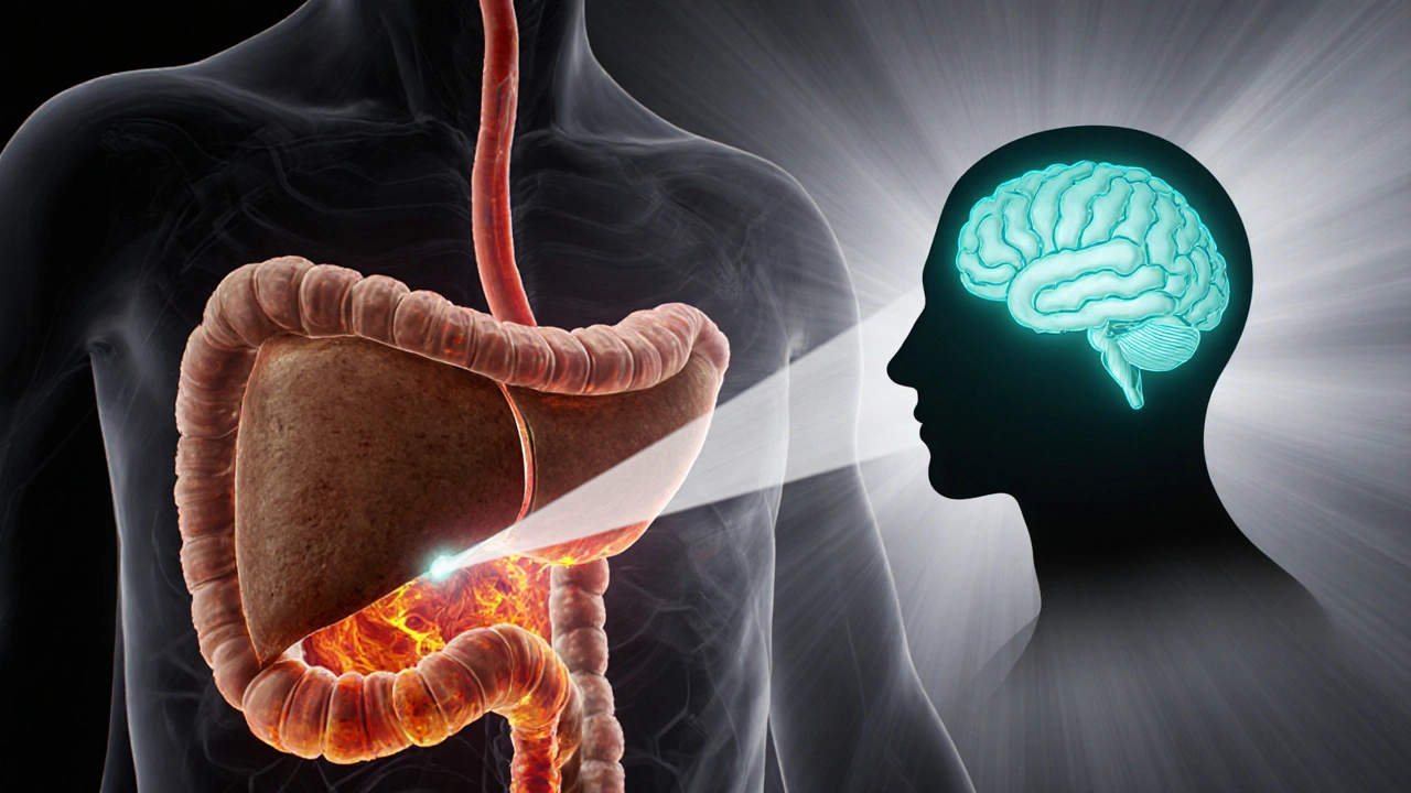 Querschnitt des Körpers zeigt Magen, Leberumwandlung zu 11‑Hydroxy‑THC und Blut‑zum‑Gehirn‑Weg.