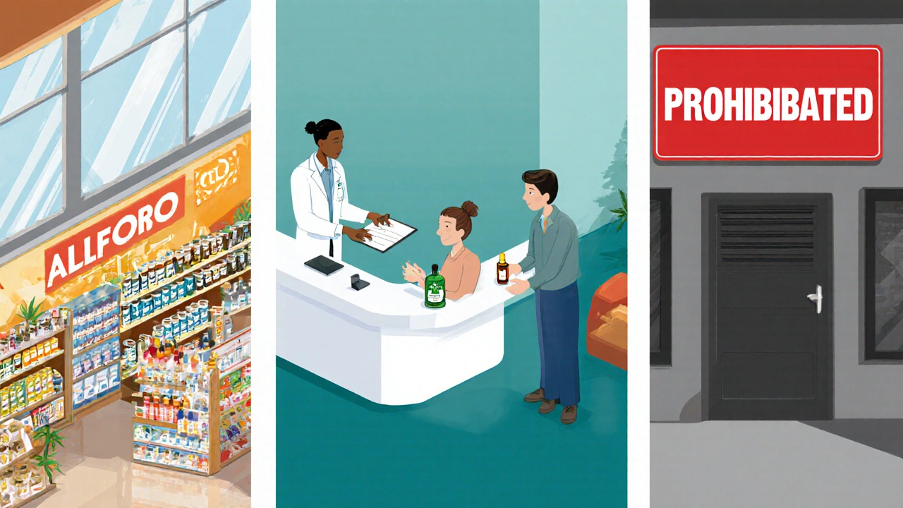Three panels: California dispensary, Florida pharmacy with CBD oil, Alabama store showing prohibition.