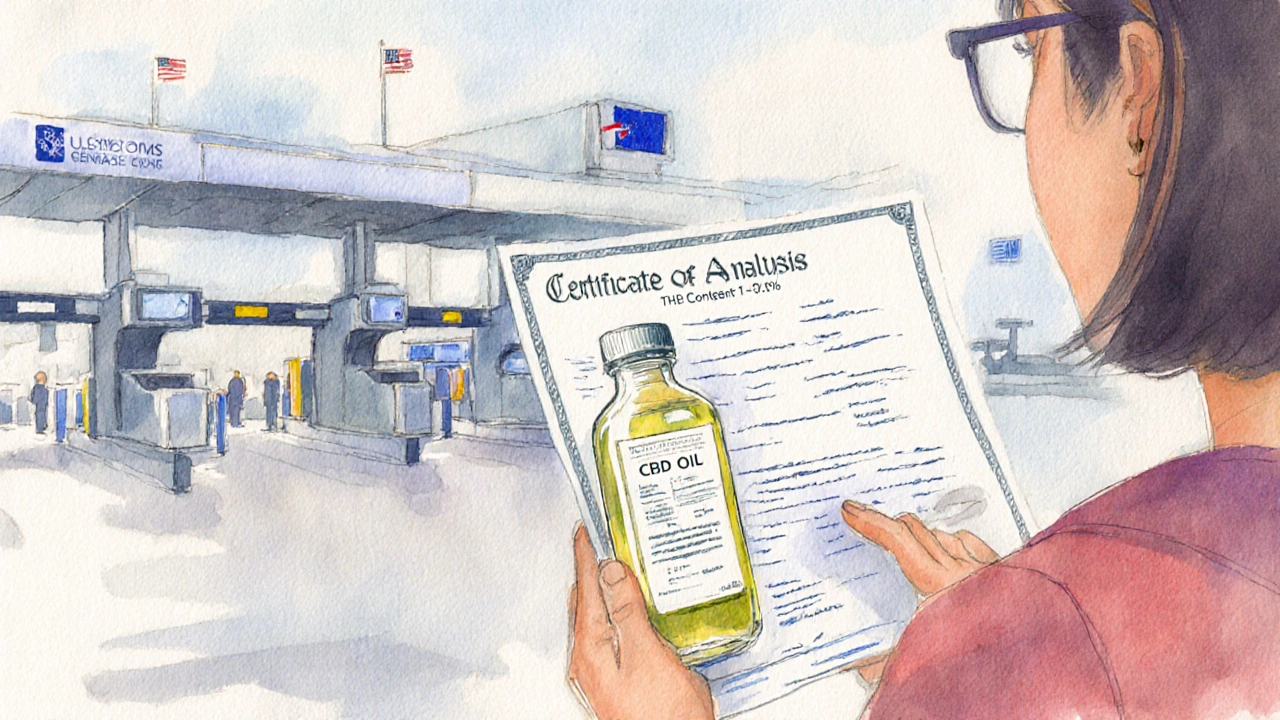 Traveler at airport showing CBD bottle and lab certificate, watercolor style.