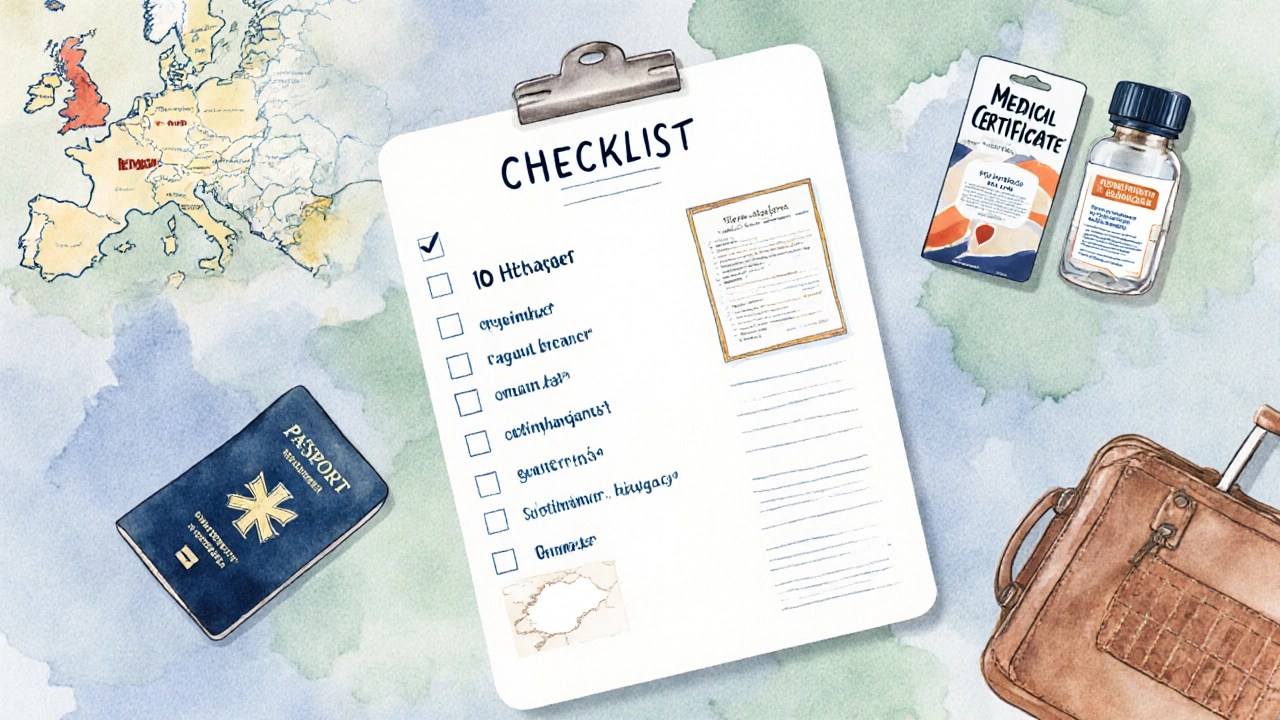 Übersichtliche Checkliste für Reise mit HHC, dargestellt als Aquarell.