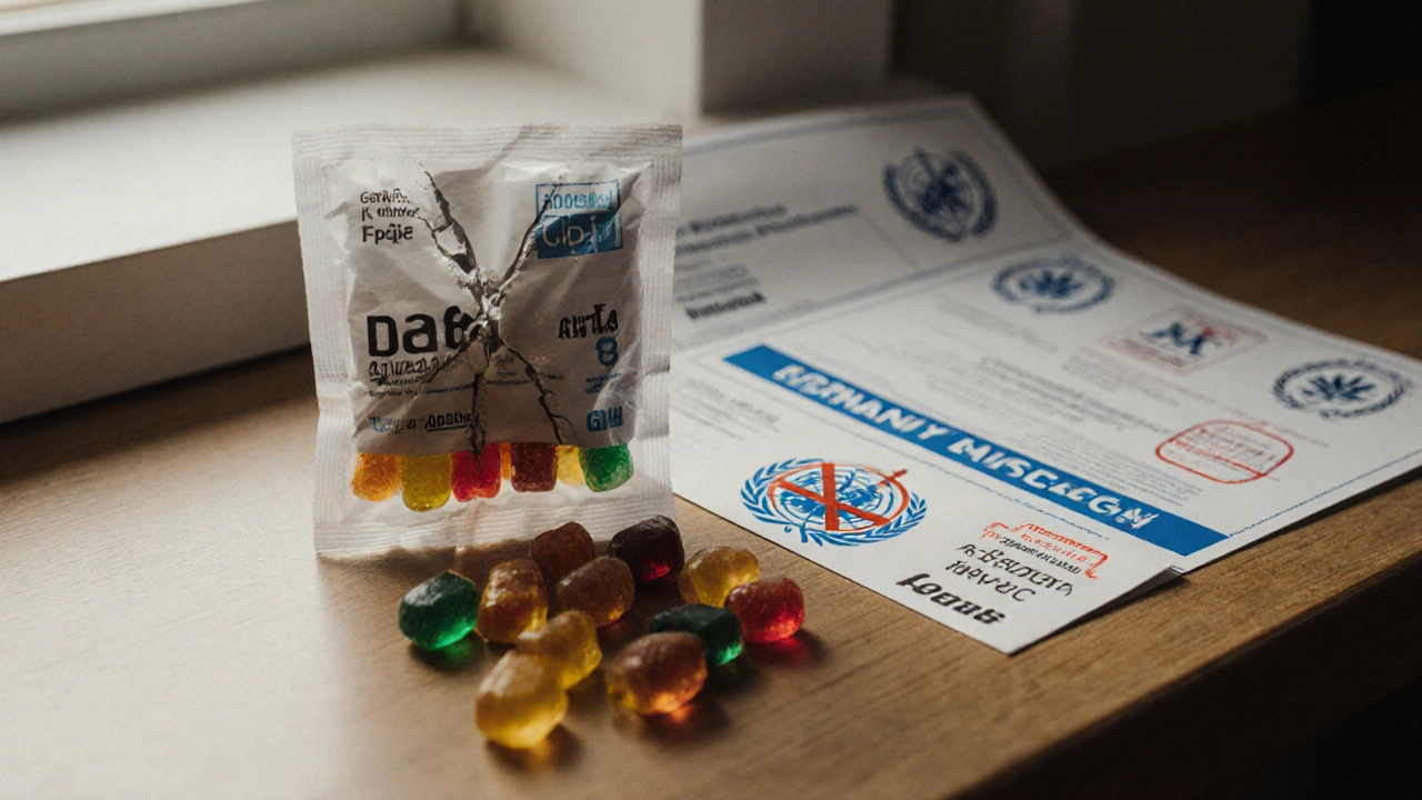Verpackung mit geöffneten Gummis neben polizeilichem Etikett und CBD-Sicherheitszertifikat.