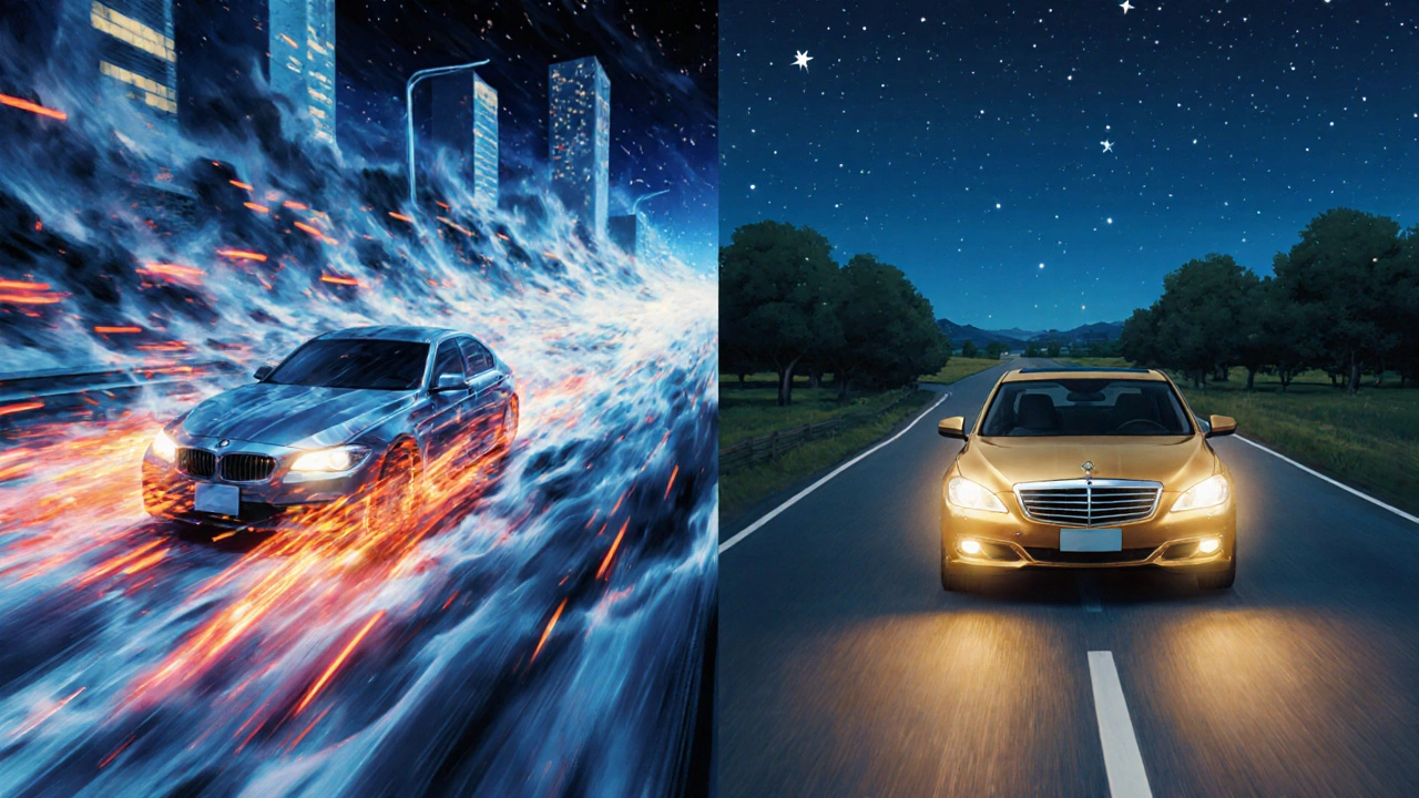 Zwei Seiten eines Nervensystems: chaotische Autobahn links, ruhige Landstraße rechts.