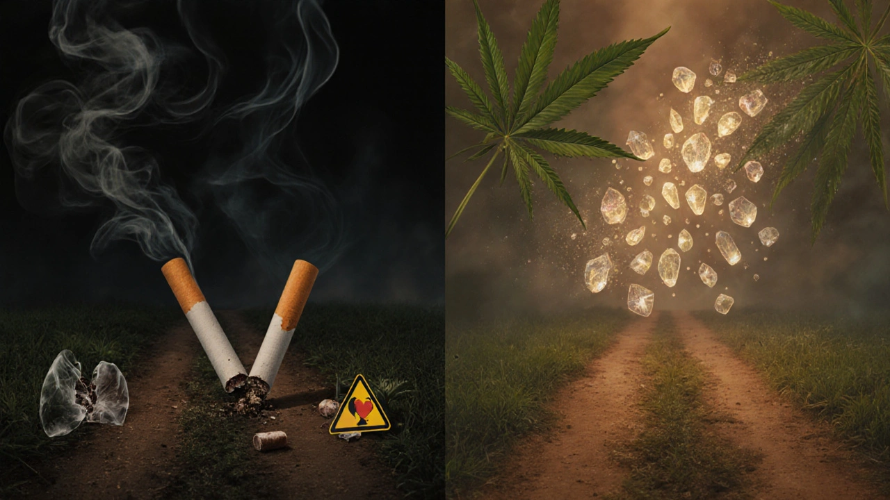 Zwei symbolische Pfade: einer mit Zigarettenstummeln, der andere mit Cannabisblättern und leuchtenden Kristallen, in sanftem Nebel.