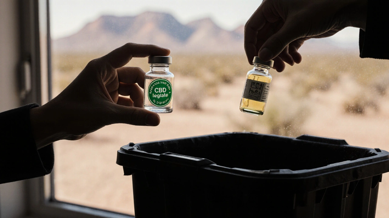 CBD-Öl neben einem weggeworfenen HHC-Ölfläschchen, symbolisch für legale Alternativen