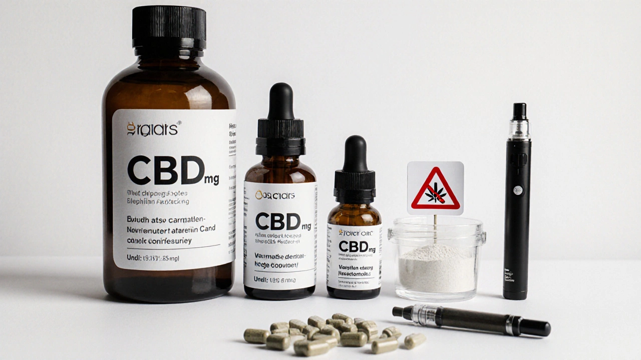 CBD-Produkte auf einem Regal: Flasche mit 3000 mg, Kapseln und Pulver, neben verbotener Vape-Pistole.