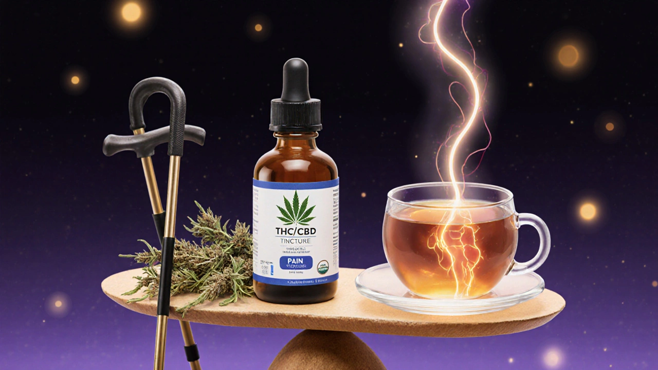 CBD- und THC:CBD-Tropfen neben einem Gehstock und Kräutertee, symbolisieren Schmerzlinderung.