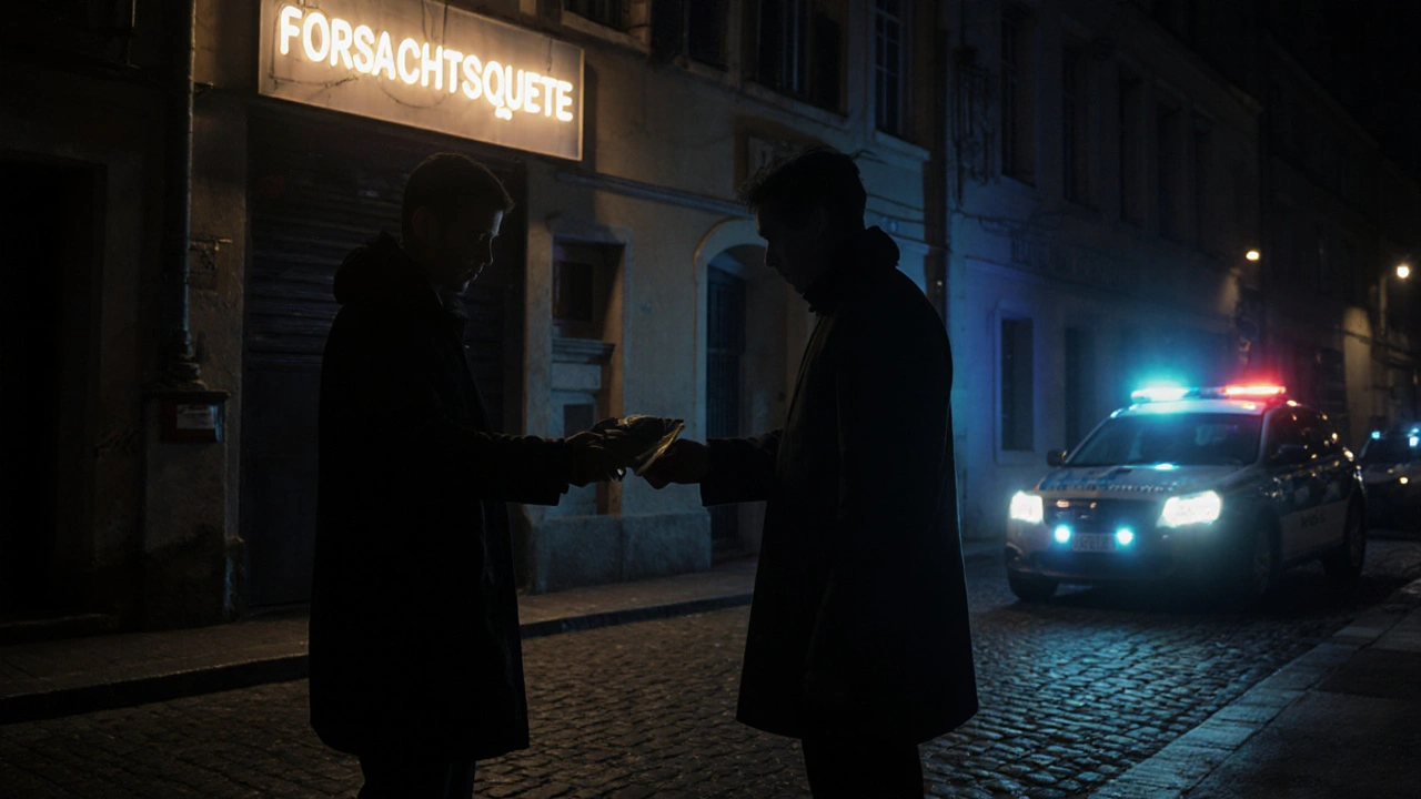 Dunkle Straße in Graz mit geheimem HHC-Handel und Polizeiauto im Hintergrund