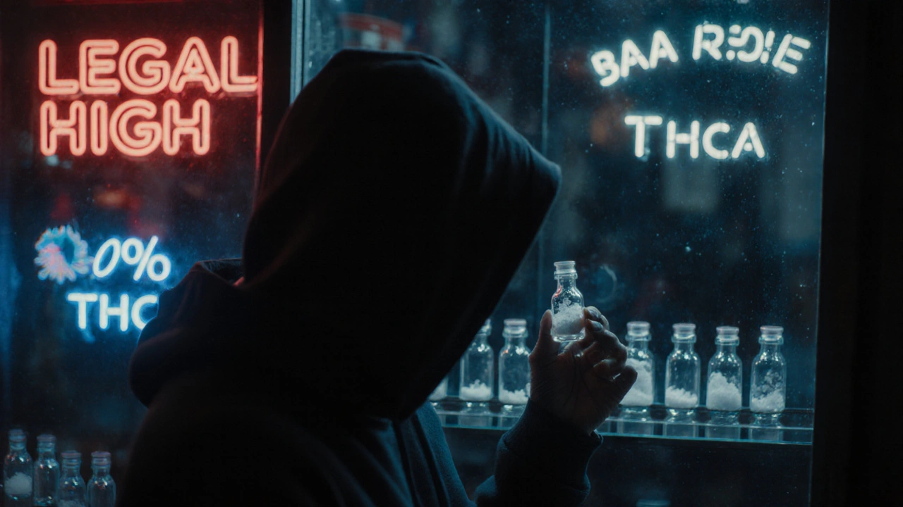 Dunkler Laden mit neonbeleuchteten Schildern für THCA-Kristalle und verhülltem Käufer