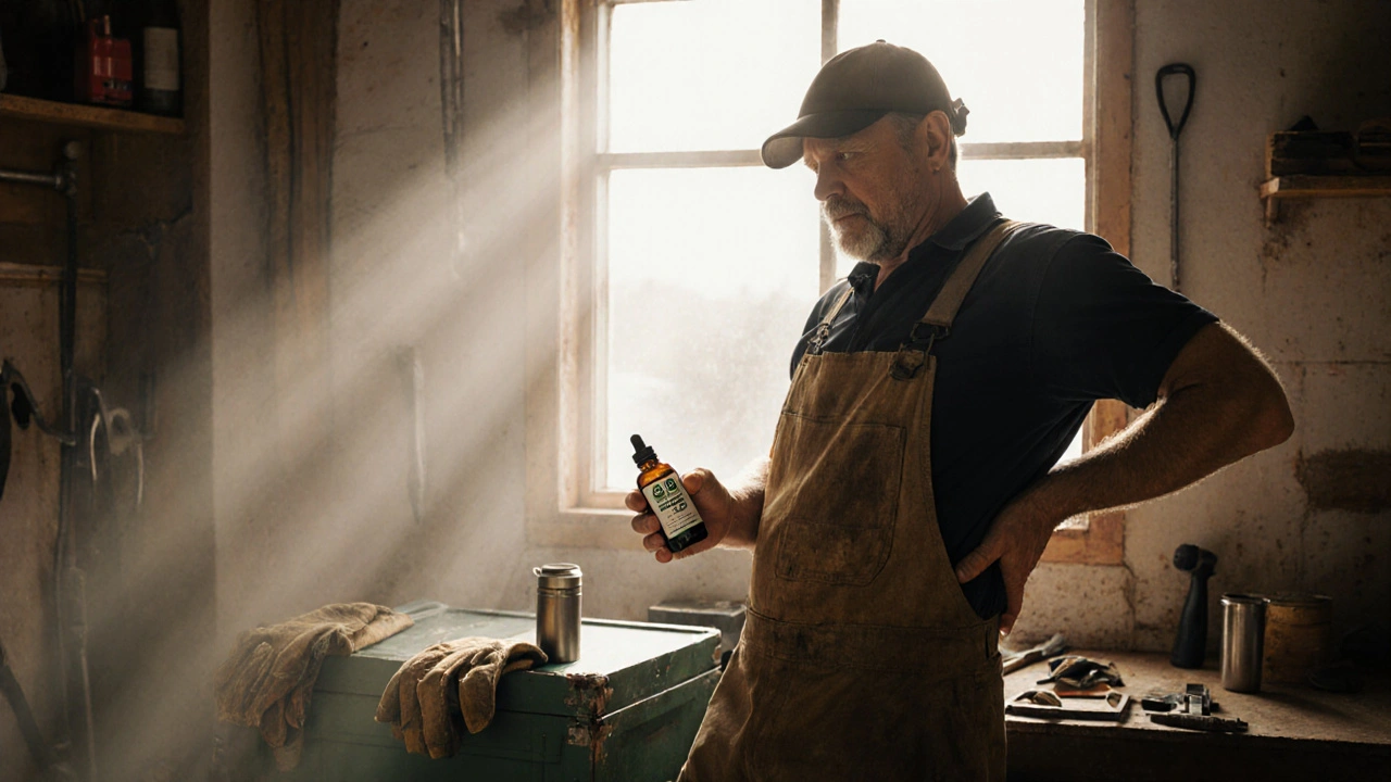 Ein Handwerker massiert seinen Rücken nach der Arbeit, während er CBD-Öl hält.
