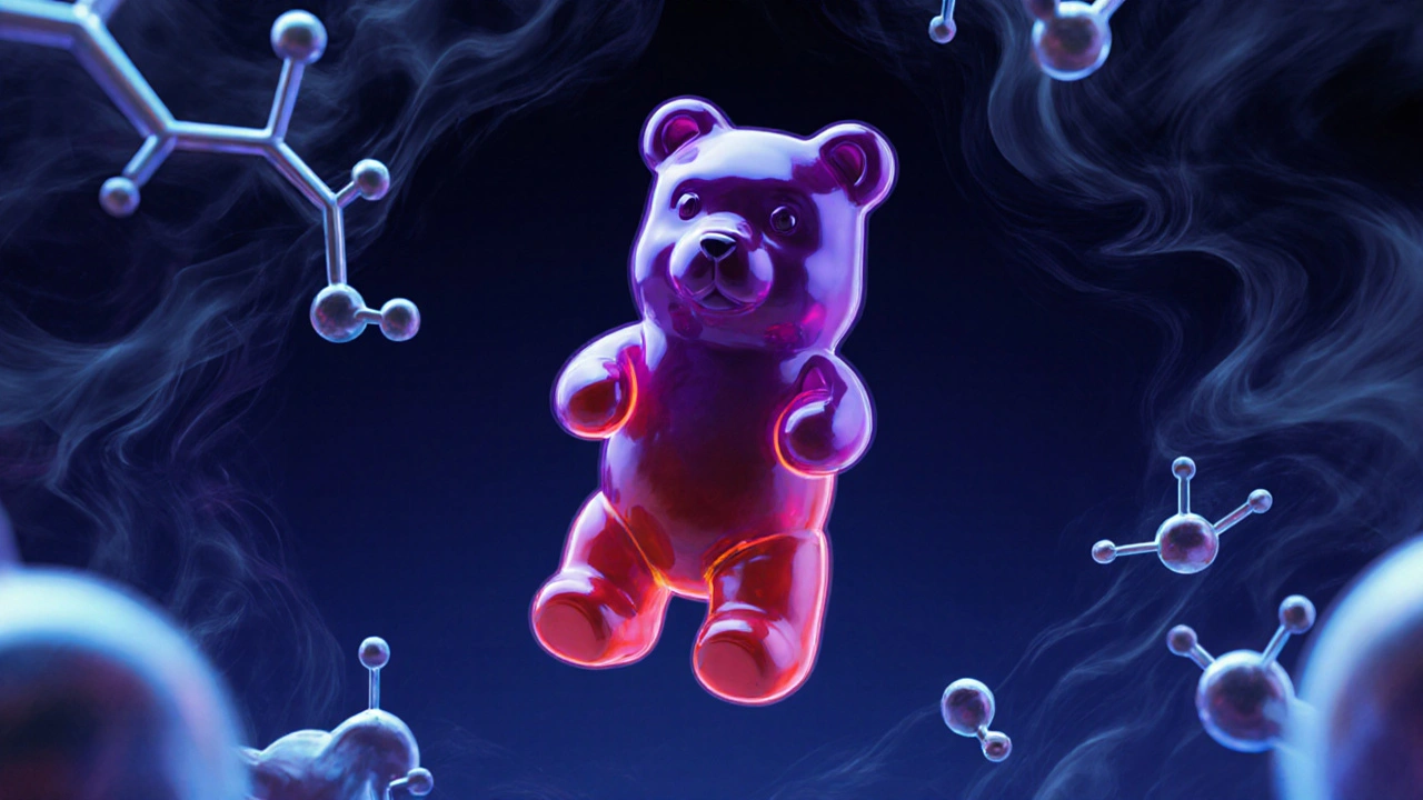 Ein leuchtender Gummibärchen schwebt in einem chemisch-abstracten Hintergrund.