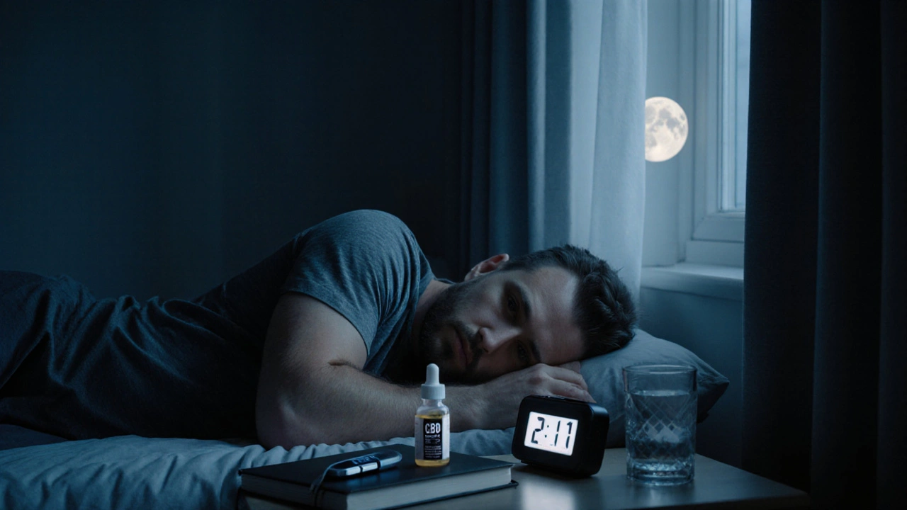 Ein Mann schläft ruhig, neben ihm steht eine CBD-Flasche auf dem Nachttisch.