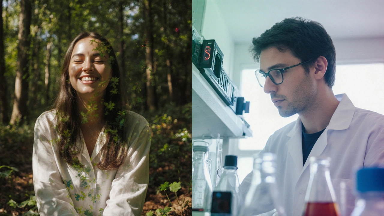 Ein Mensch in einem Wald vs. im Labor – doppelte Exposition für natürlichen vs. synthetischen High.