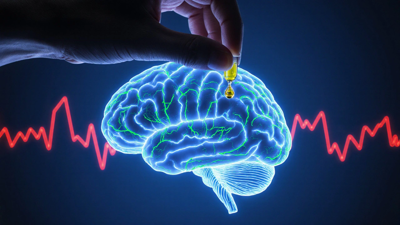 Ein Tropfen CBD-Öl leuchtet auf einer silhouettierten Gehirnstruktur, während angespannte Nervenbahnen verschwinden.