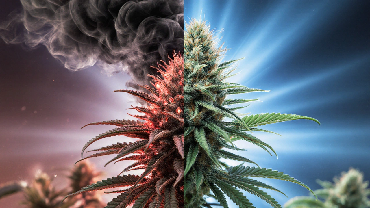 Eine Cannabis-Pflanze ist halb in chaotischem Rot und halb in beruhigendem Blau dargestellt, symbolisch für THC und CBD.