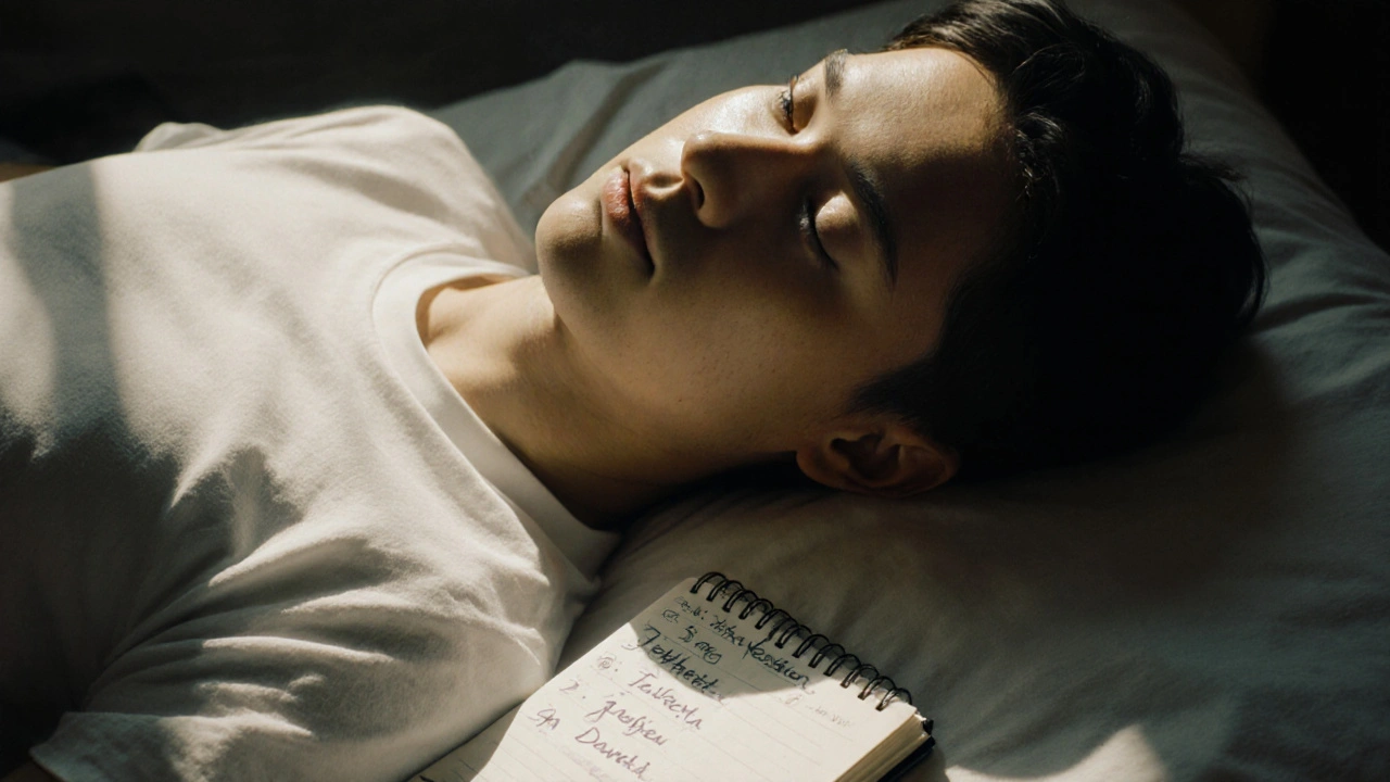 Eine Person notiert ihre THC-Erfahrung in einem Tagebuch neben dem Bett.