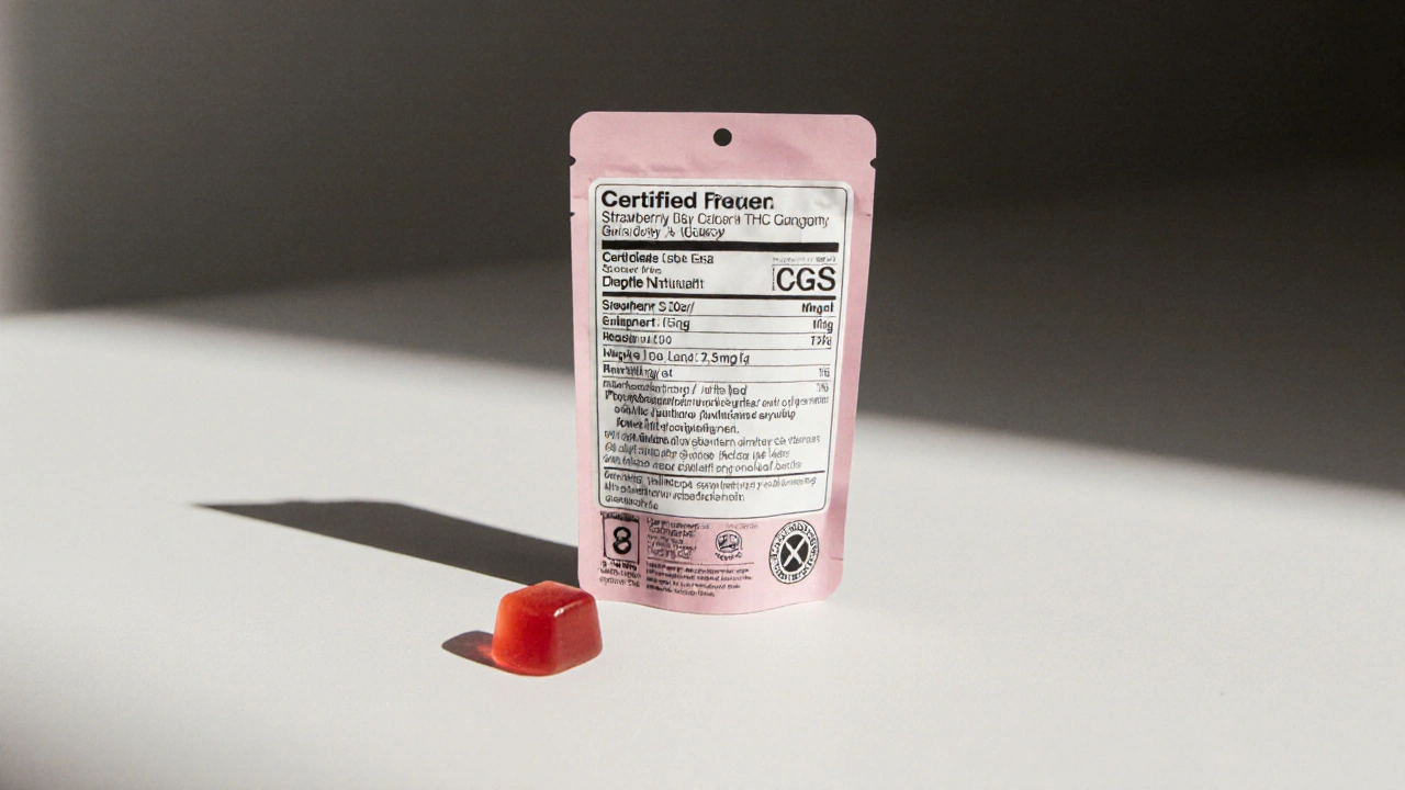 Eine verifizierte THC-Gummie mit Laborzertifikat und klarem Dosierungshinweis auf weißem Hintergrund.