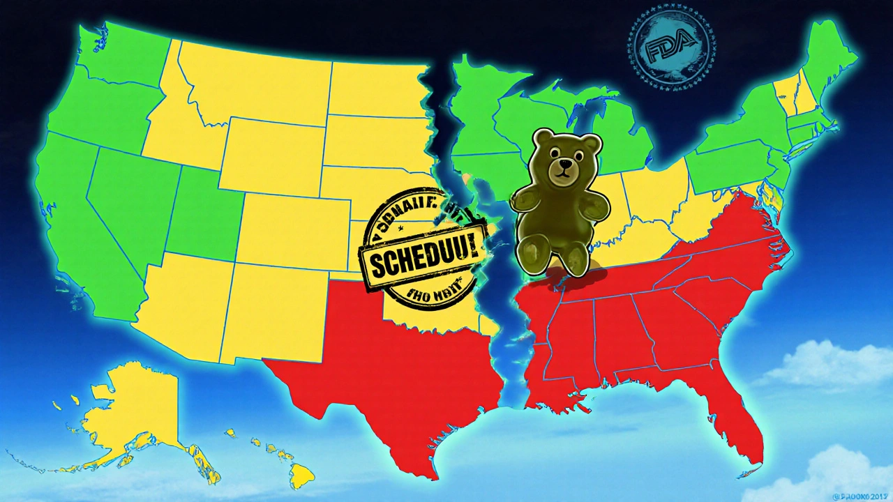 Gefrackte US-Karte mit farbigen Rechtszonen, ein Gummibärchen bricht an der Bundesgrenze auseinander.