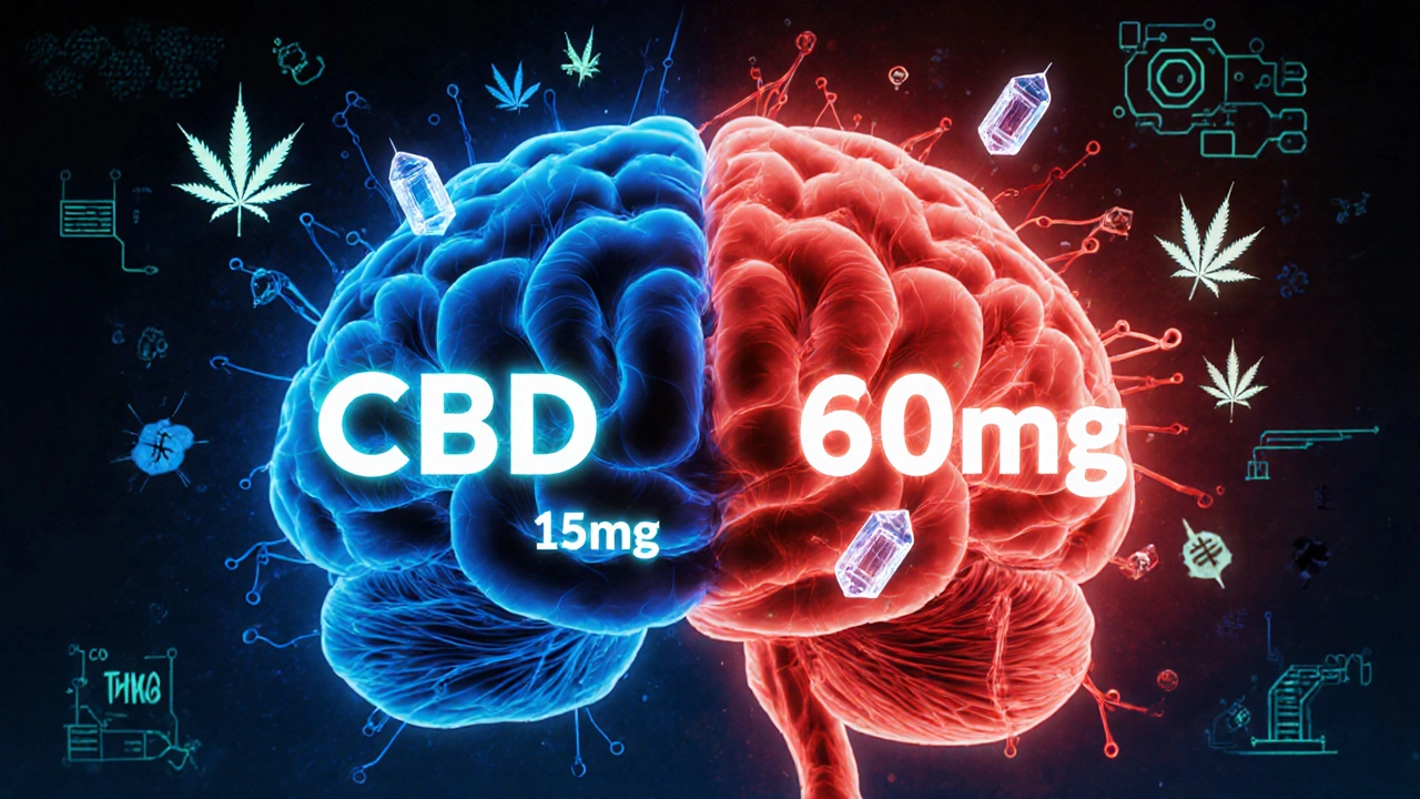 Gehirn mit zwei entgegengesetzten CBD-Wirkungen: beruhigend vs. stressauslösend, wissenschaftliche Darstellung.