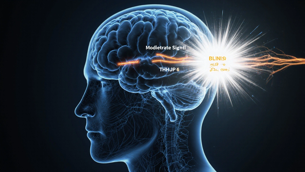 Gehirn mit zwei unterschiedlich starken Cannabinoid-Wirkungen auf CB1-Rezeptoren, leuchtende Nervenbahnen.