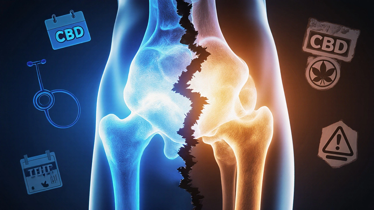 Gesunder Gelenk-Übergang durch CBD und THC:CBD, während THCP als bedrohlicher Schatten erscheint.