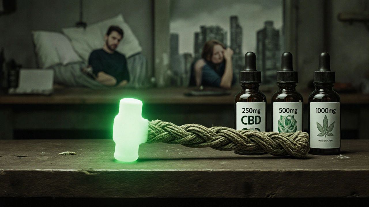 Hammer neben drei CBD-Flaschen mit unterschiedlichen Stärken auf Werkbank.