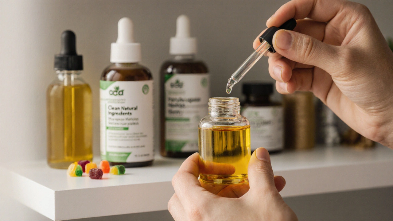 Hände tropfen CBD-Öl aus einem Tropffläschchen, verschiedene CBD-Produkte im Hintergrund