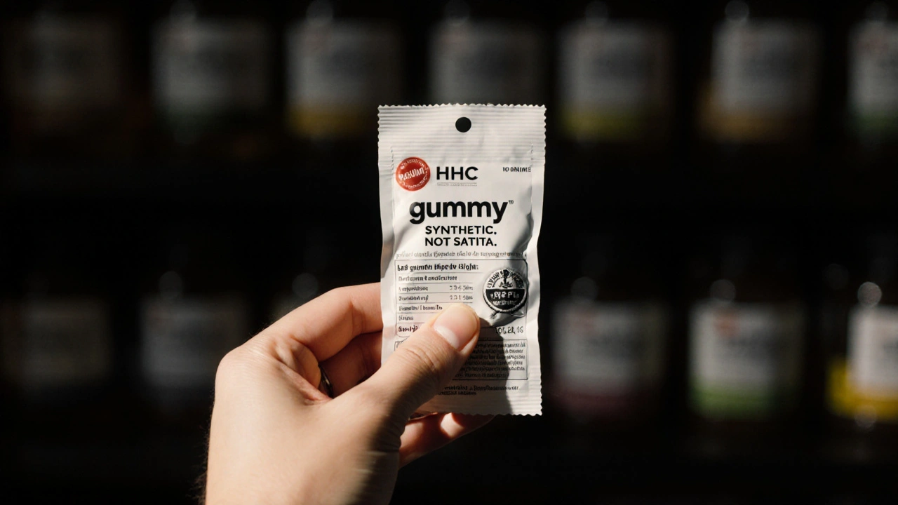 Jemand hält eine HHC-Gummie mit Laborzertifikat, dahinter verschwommene Cannabissorten.