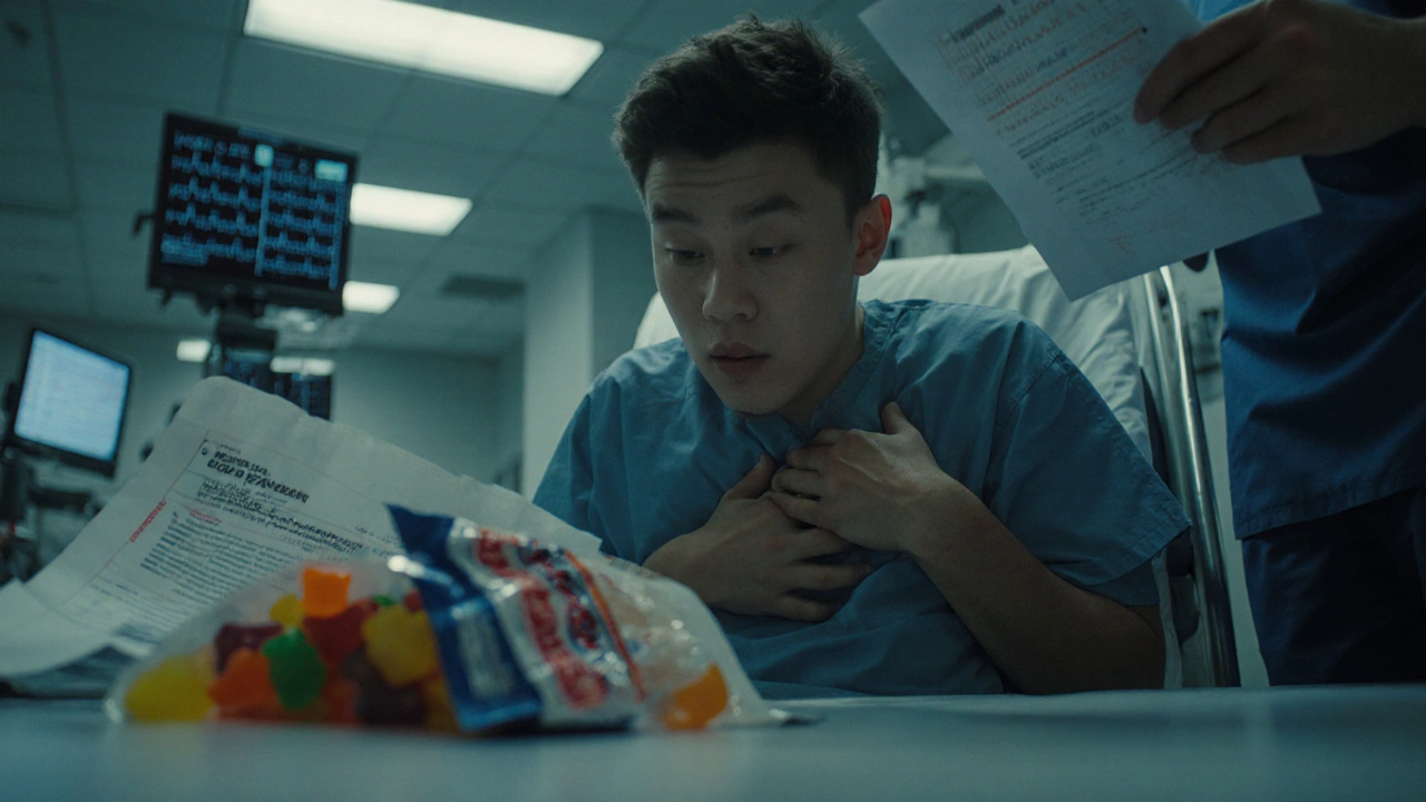 Junge Person im Krankenhaus nach HHC-Einnahme, Gummibärchen auf dem Boden