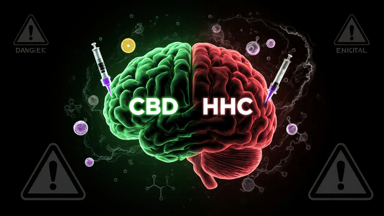 Konzeptbild eines Gehirns mit CBD- und HHC-Weg: beruhigend vs. gefährlich